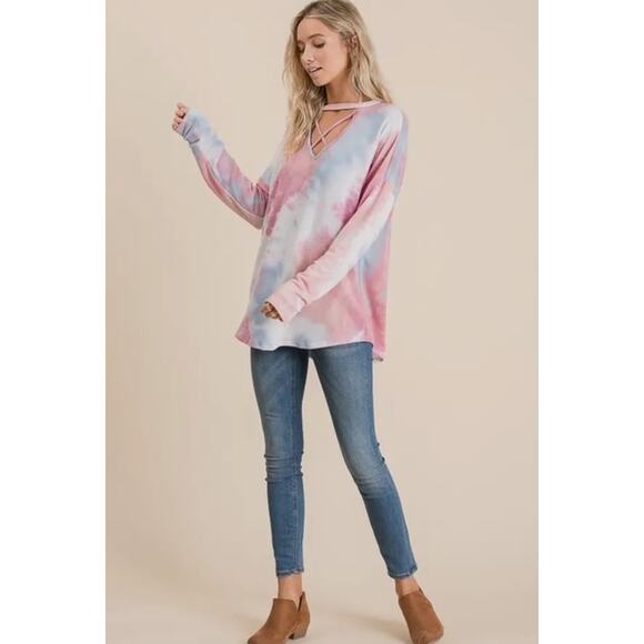 Lovely Melody - Tie Dry French Terry Top with Criss - Blush/Blue NWOT - Picture 2 of 3